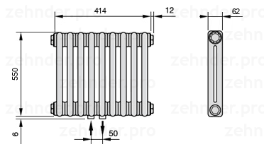 Схема (чертеж) Радиатор Zehnder Charleston 2055/9 №3470 Белый глянцевый RAL 9016